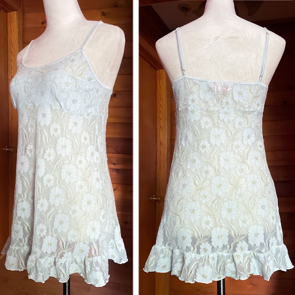 Victoria’s Secret Angels Baby Blue Gold Floral Mesh Mini Dress Sz Large - Picture 3 of 6